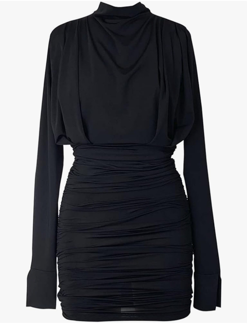 Black Long-Sleeve Ruched Mini Dress